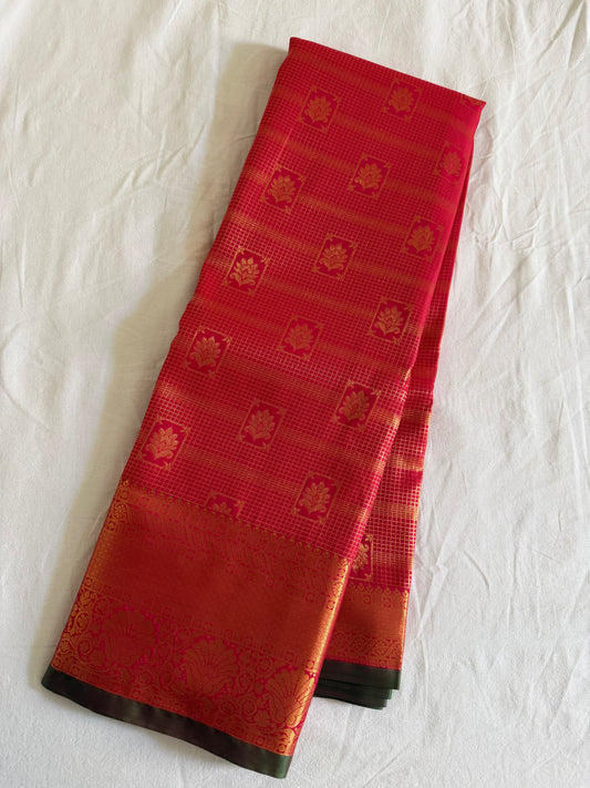 Vintage Coral Pink and Green Semi Kanchipattu Saree with Gold Zari Checks & Traditional Border