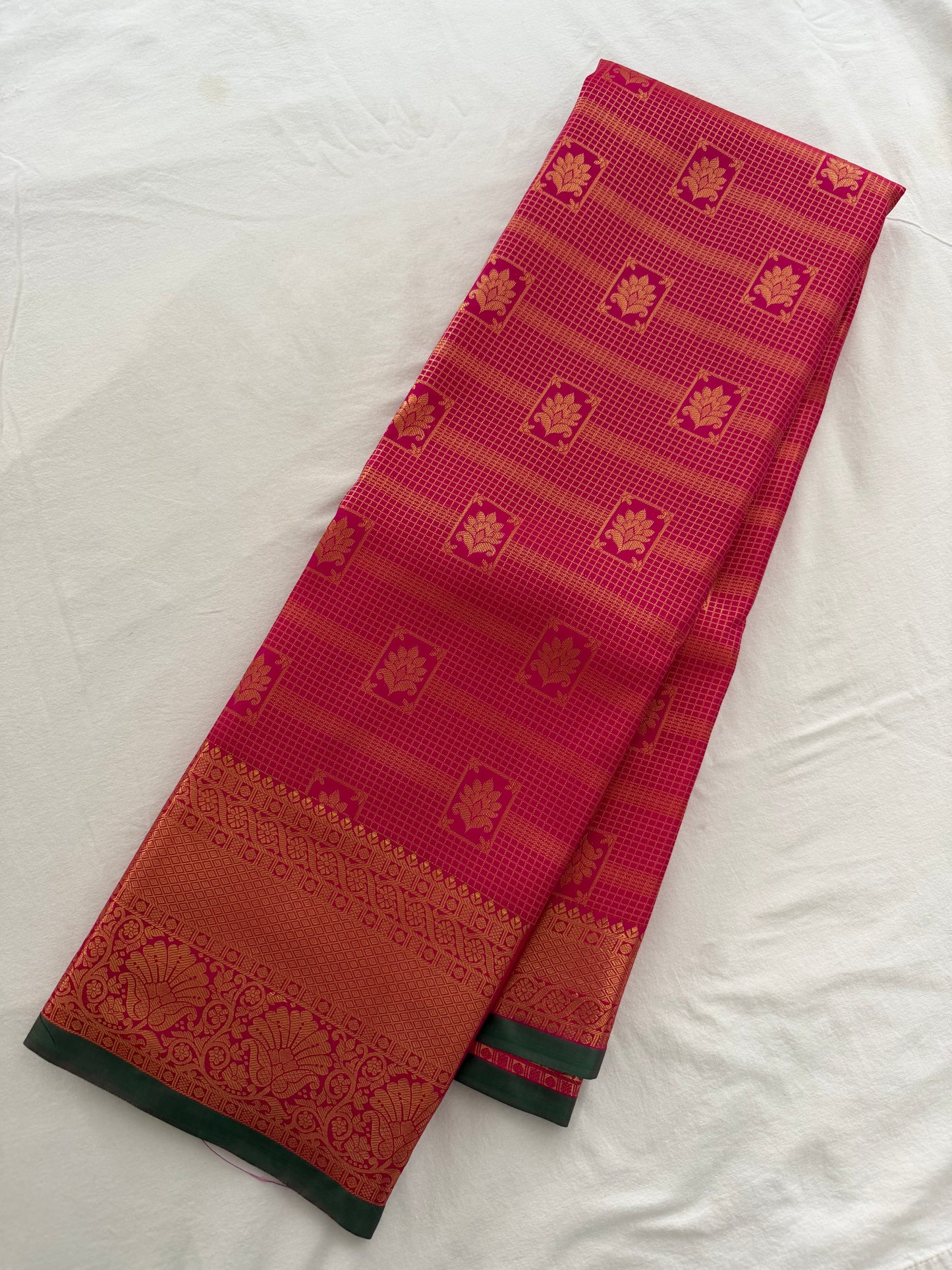 Vintage Magenta Pink Semi Kanchipattu Saree with Gold Zari Checks & Traditional Border