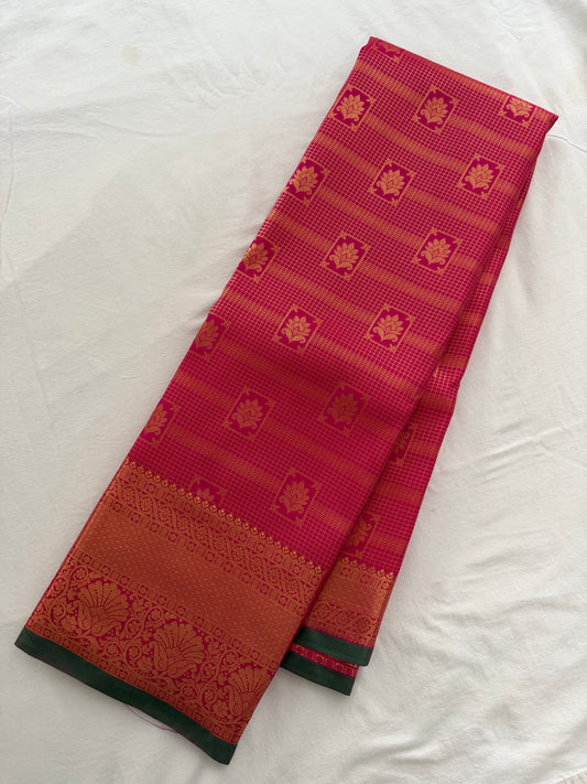 Vintage Magenta Pink Semi Kanchipattu Saree with Gold Zari Checks & Traditional Border