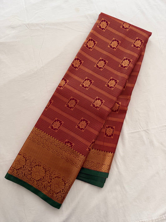 Vintage Brown and green Semi Kanchipattu Saree with Gold Zari Checks & Traditional Border