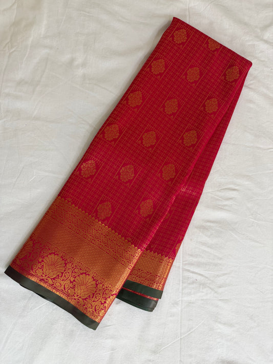 Vintage Coral Pink Semi Kanchipattu Saree with Gold Zari Checks & Traditional Border