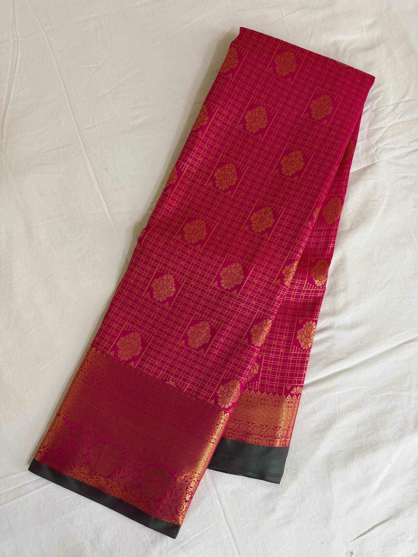 Vintage Rani Pink Semi Kanchipattu Saree with Gold Zari Checks & Traditional Border