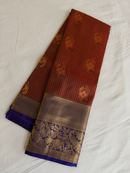 Vintage Brown and blue Semi Kanchipattu Saree with Gold Zari Checks & Traditional Border