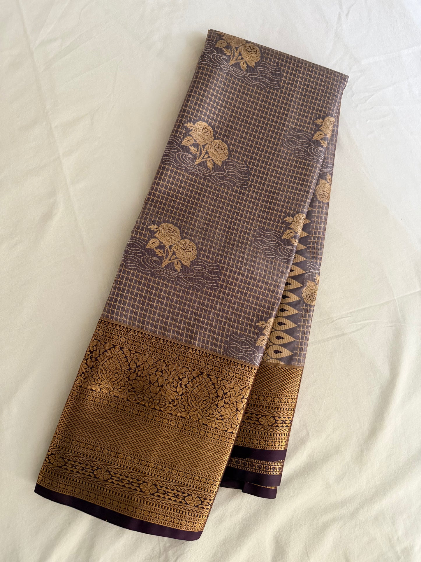 Vintage Grey  Semi Kanchipattu Saree with Gold Zari Checks & Traditional Border