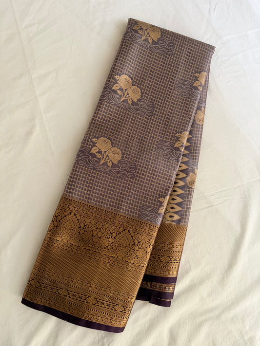Vintage Grey  Semi Kanchipattu Saree with Gold Zari Checks & Traditional Border