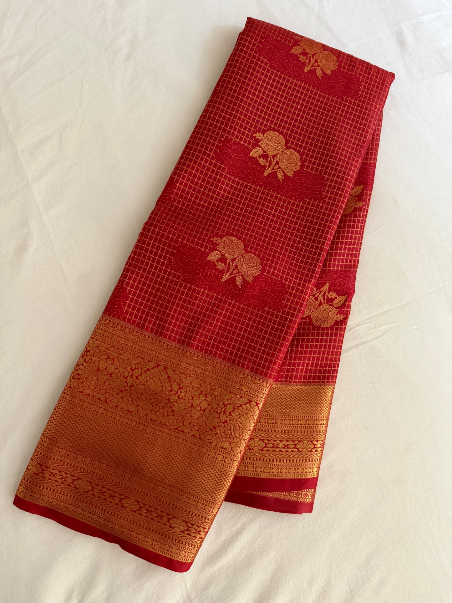Vintage Vermilion Red Semi Kanchipattu Saree with Gold Zari Checks & Traditional Border