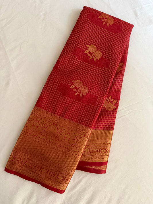 Vintage Vermilion Red Semi Kanchipattu Saree with Gold Zari Checks & Traditional Border