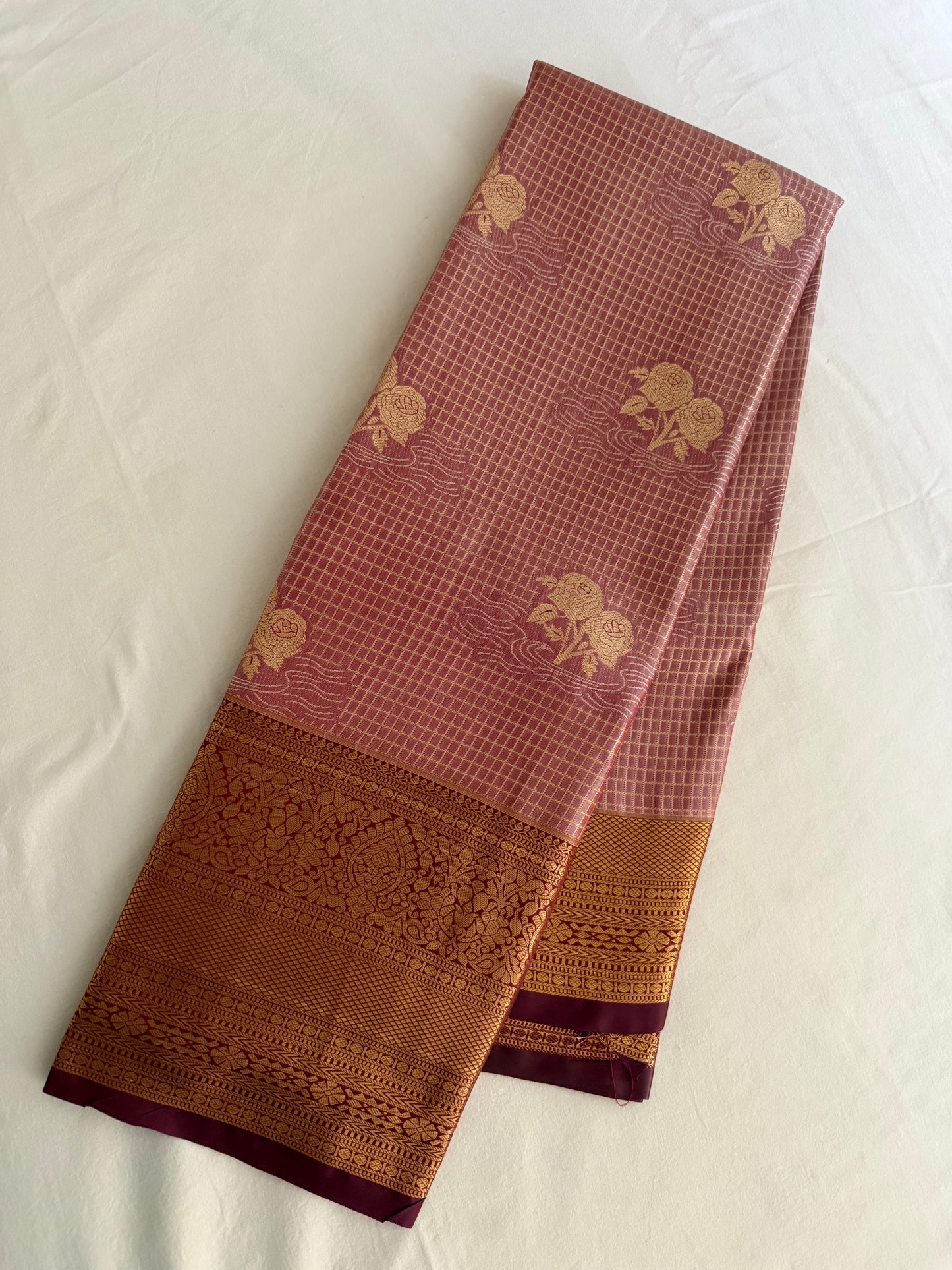 Vintage Blush Pink  Semi Kanchipattu Saree with Gold Zari Checks & Traditional Border