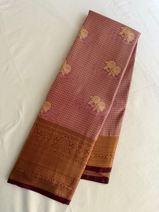 Vintage Blush Pink  Semi Kanchipattu Saree with Gold Zari Checks & Traditional Border