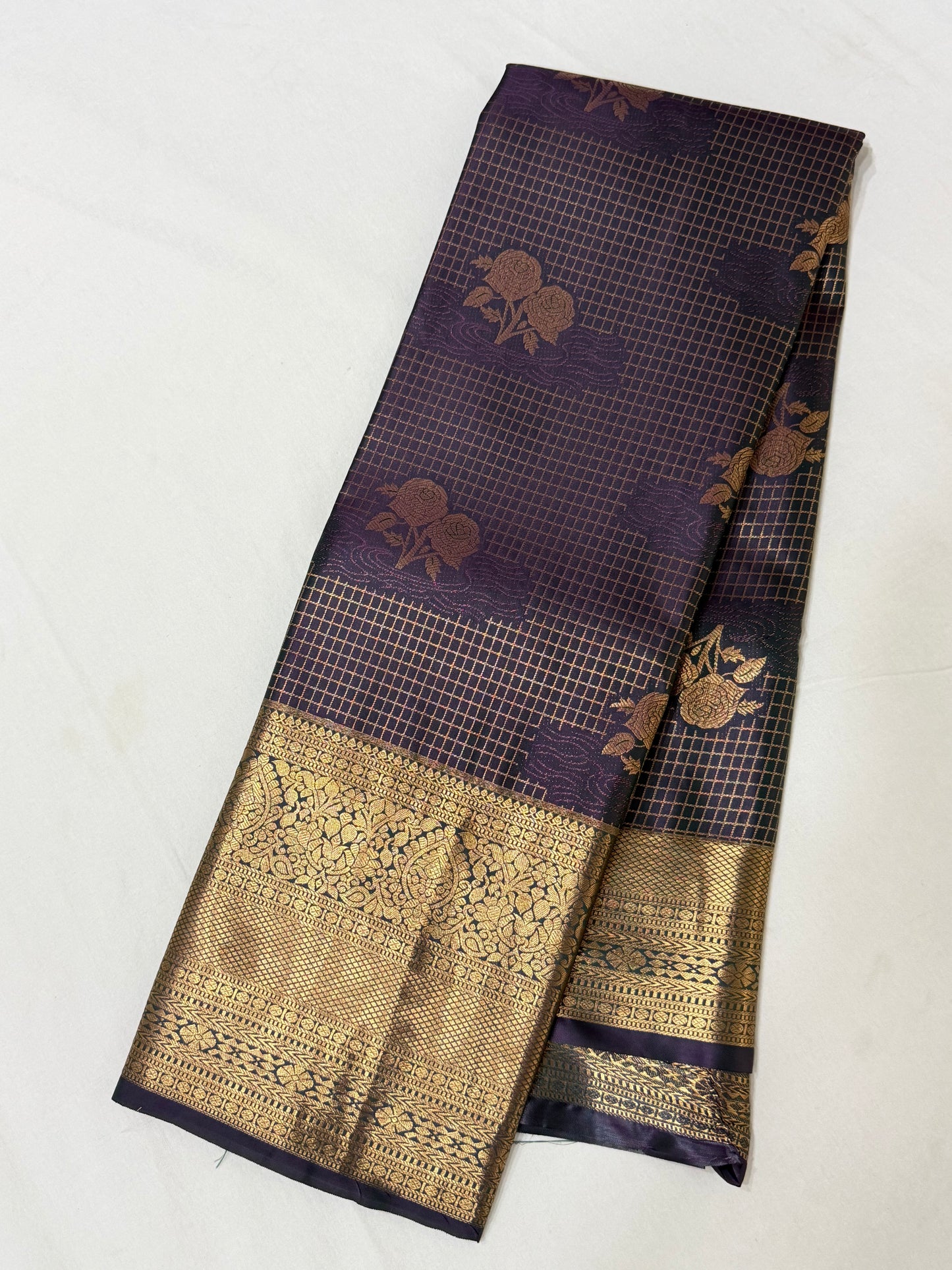 Vintage Navy Blue Semi Kanchipattu Saree with Gold Zari Checks & Traditional Border