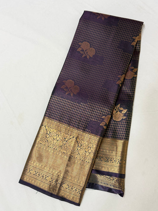 Vintage Navy Blue Semi Kanchipattu Saree with Gold Zari Checks & Traditional Border
