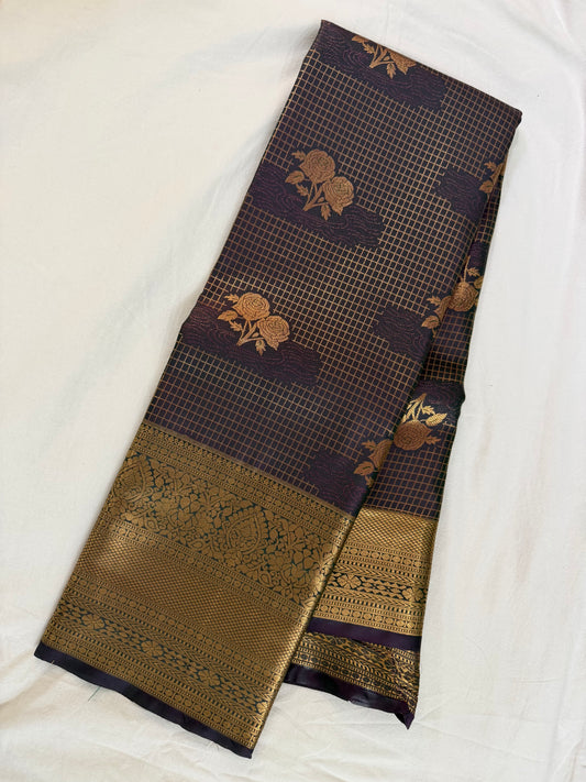 Vintage Black Semi Kanchipattu Saree with Gold Zari Checks & Traditional Border