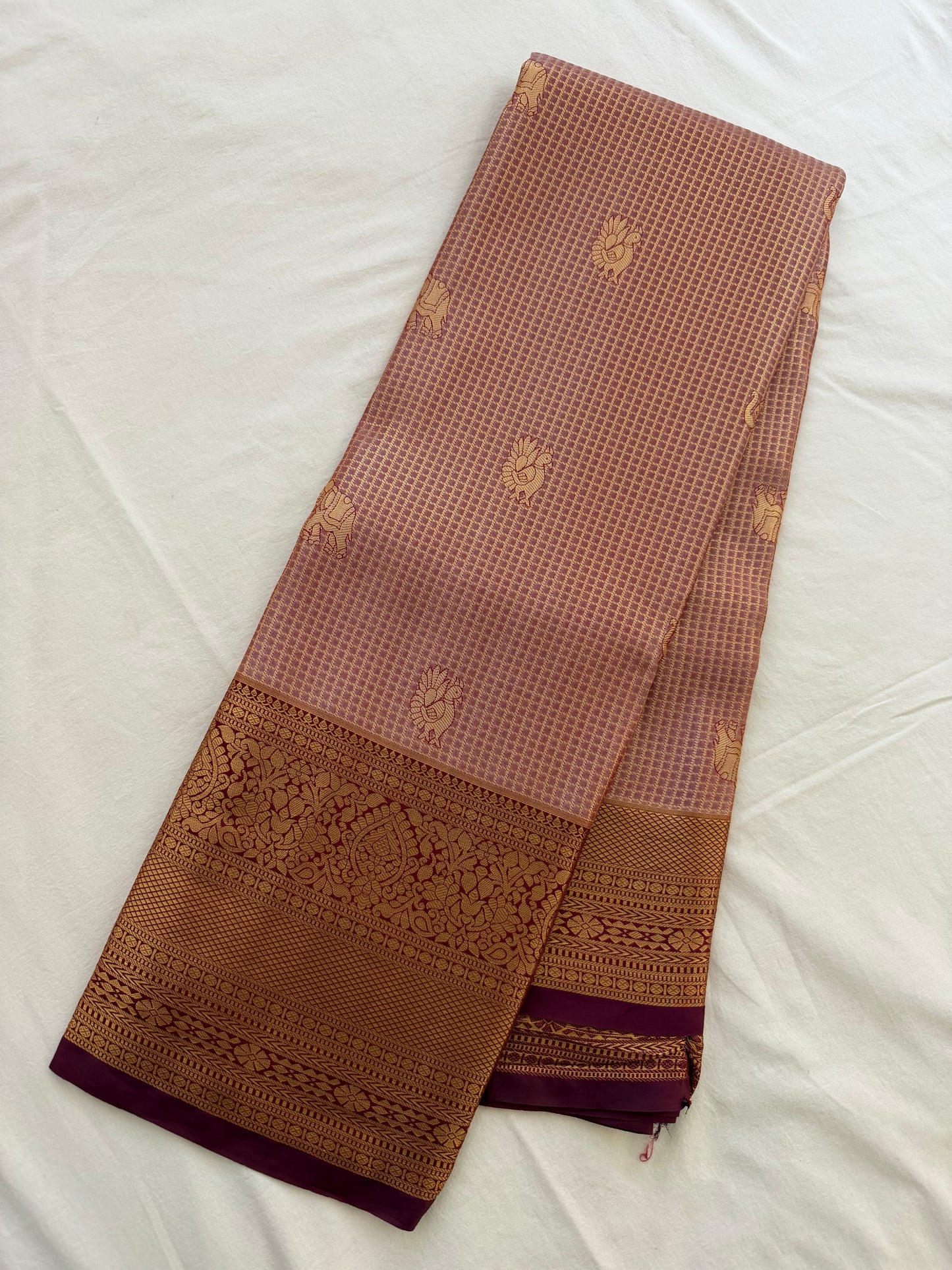 Vintage Dusty Rose Semi Kanchipattu Saree with Gold Zari Checks & Traditional Border