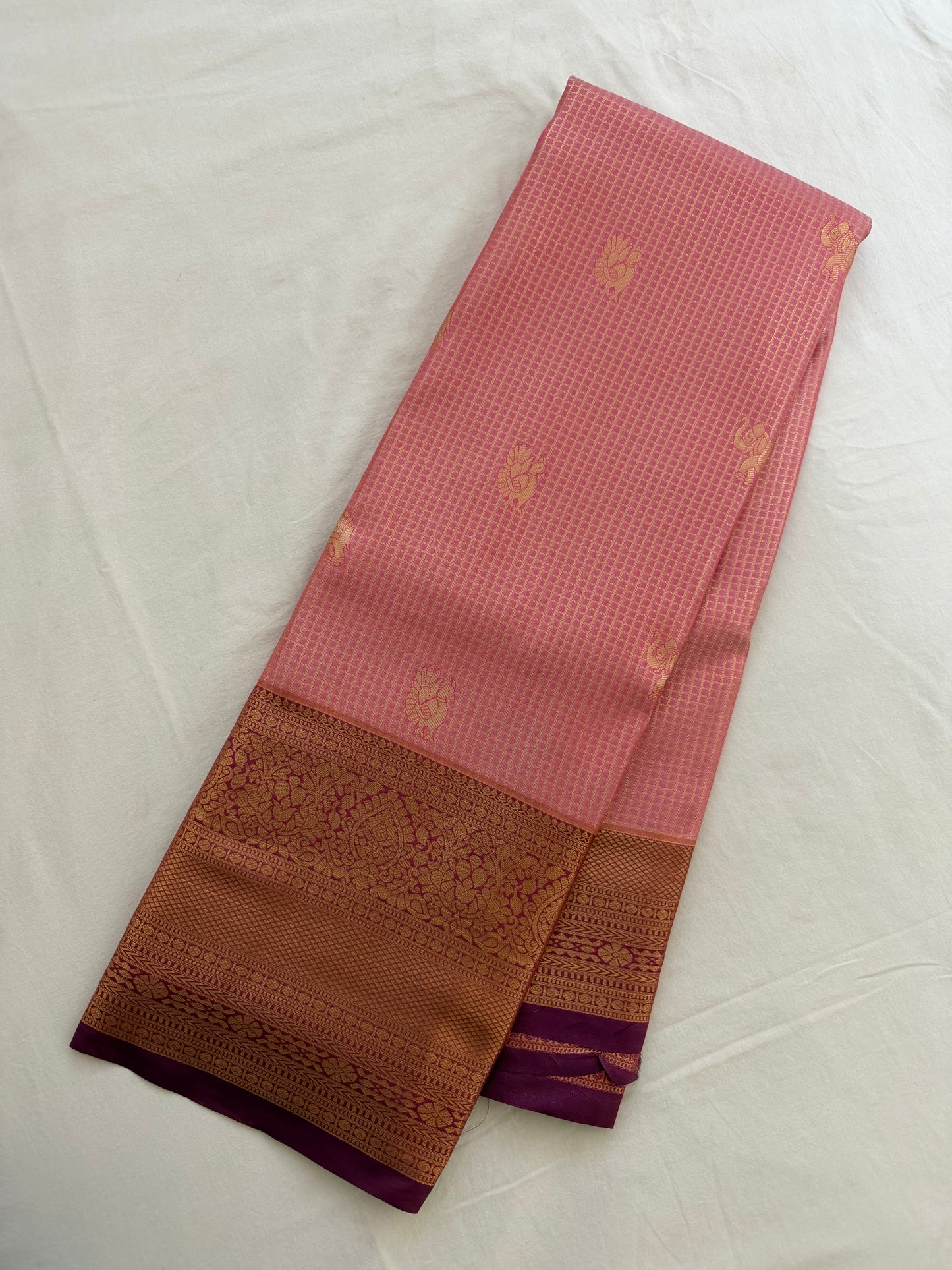 Vintage Pink  Semi Kanchipattu Saree with Gold Zari Checks & Traditional Border