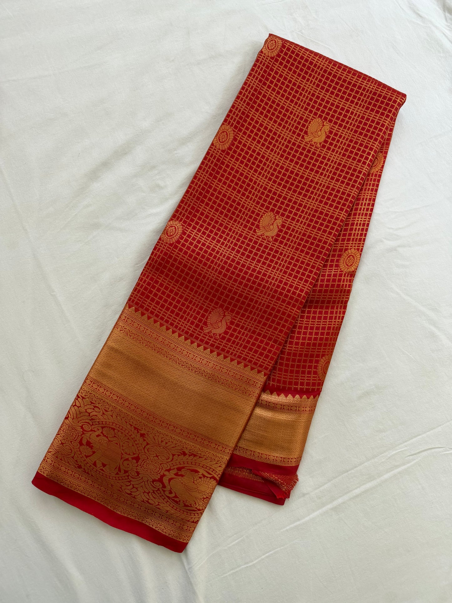 Vintage Gold Red Semi Kanchipattu Saree with Gold Zari Checks & Traditional Border