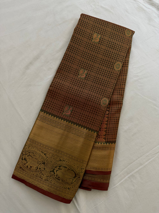 Vintage Chocolate Brown Semi Kanchipattu Saree with Gold Zari Checks & Traditional Border