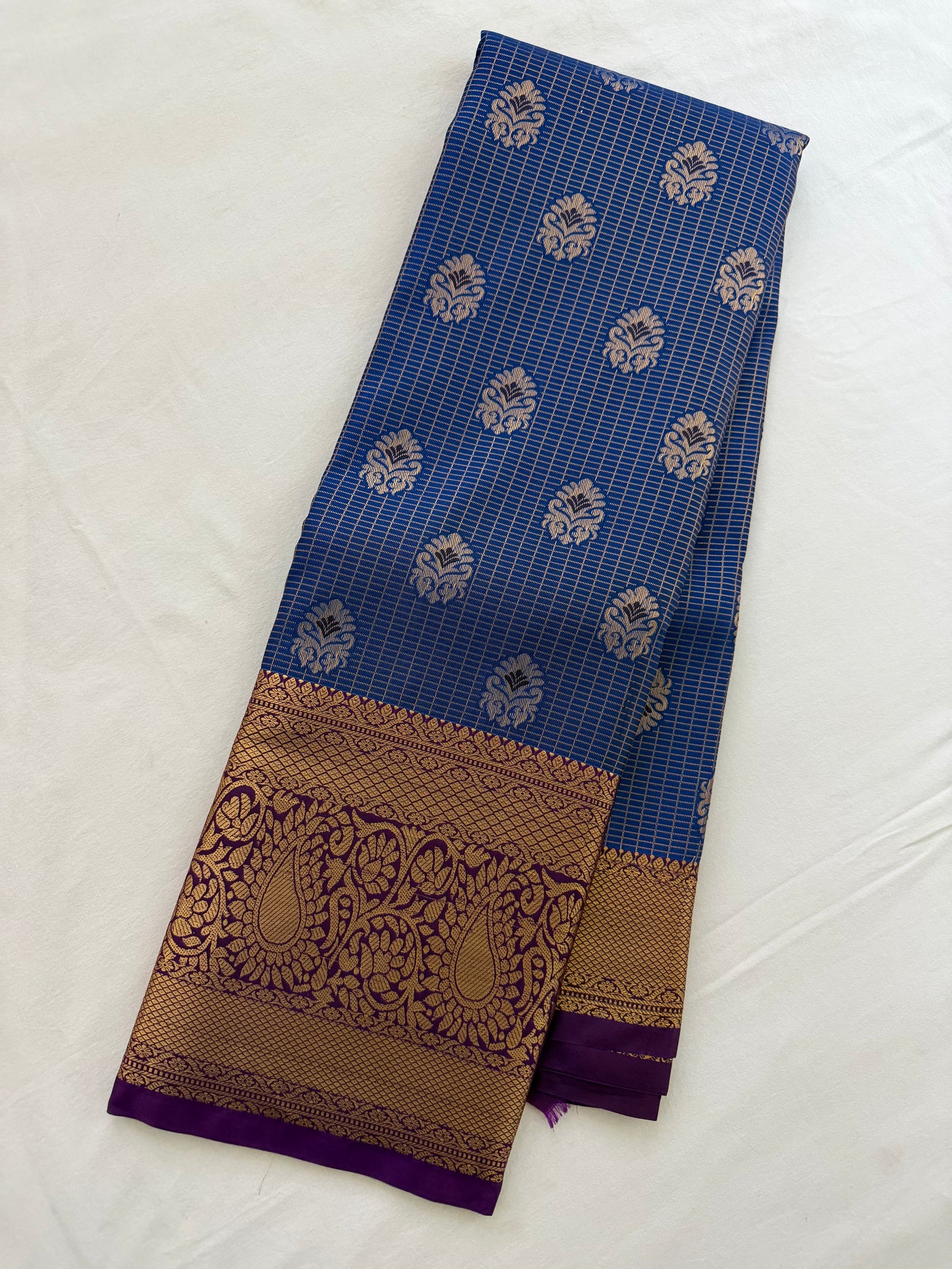 Vintage Blue Semi Kanchipattu Saree with Gold Zari Checks & Traditional Border