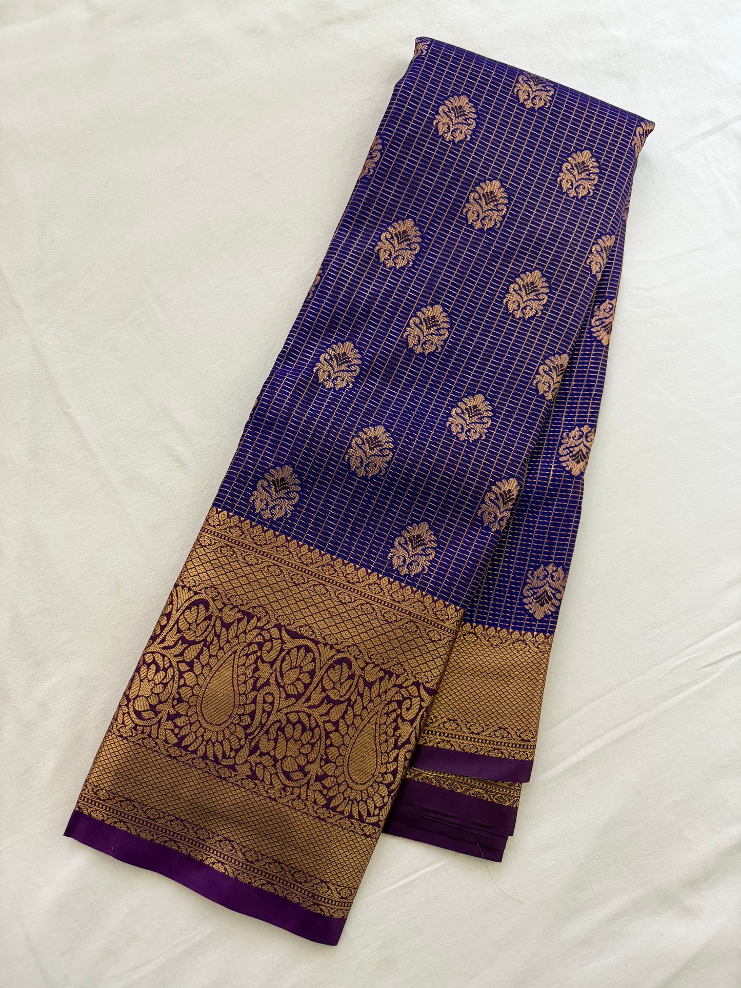 Vintage Blue and purple Semi Kanchipattu Saree with Gold Zari Checks & Traditional Border