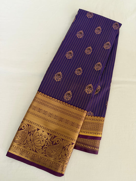 Vintage Blue purple Semi Kanchipattu Saree with Gold Zari Checks & Traditional Border