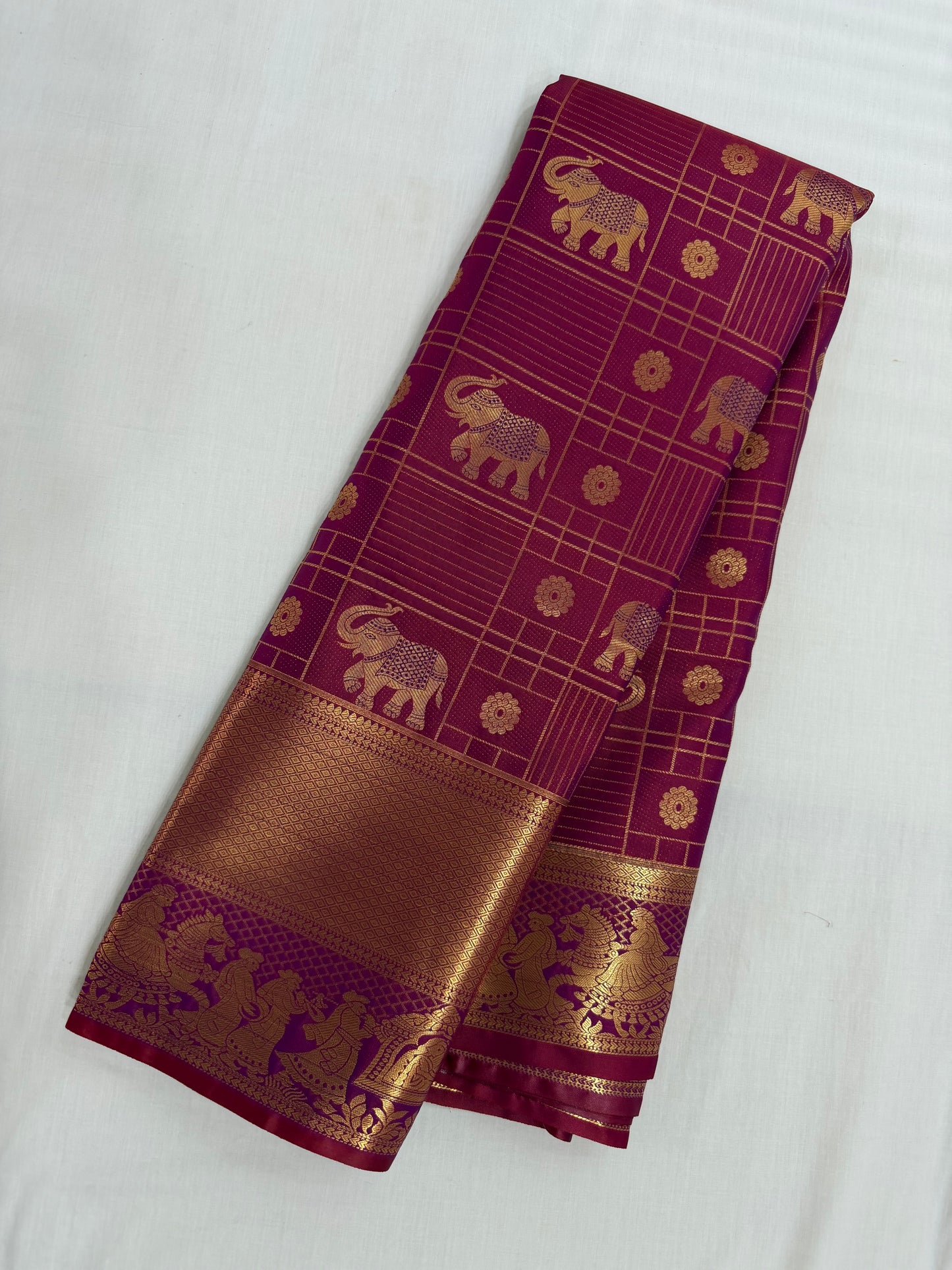Vintage self Purple Semi Kanchipattu Saree with Gold Zari Checks & Traditional Border