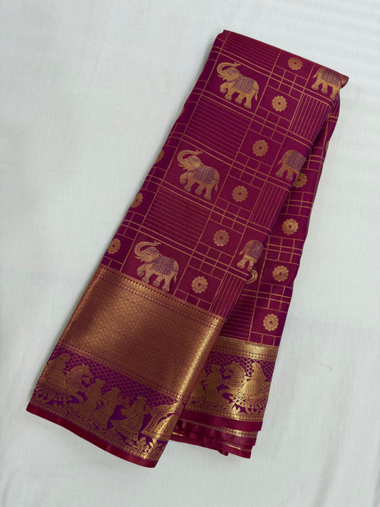 Vintage self Purple Semi Kanchipattu Saree with Gold Zari Checks & Traditional Border