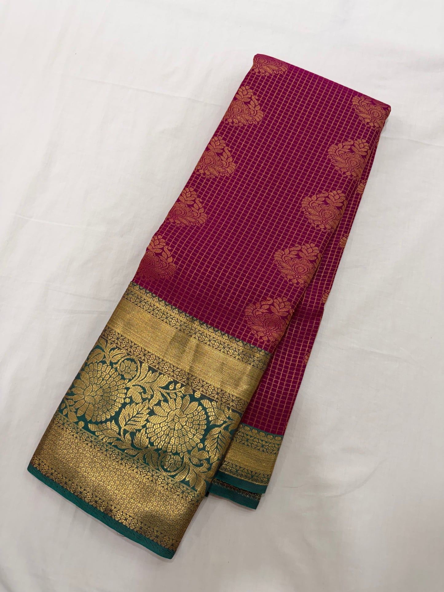 Vintage Wine Red Semi Kanchipattu Saree with Gold Zari Checks & Traditional Border