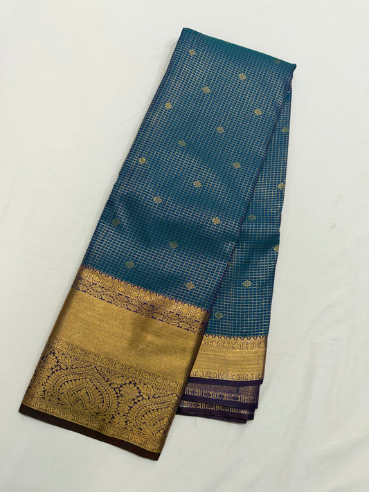 Vintage Peacock Blue Semi Kanchipattu Saree with Gold Zari Checks & Traditional Border
