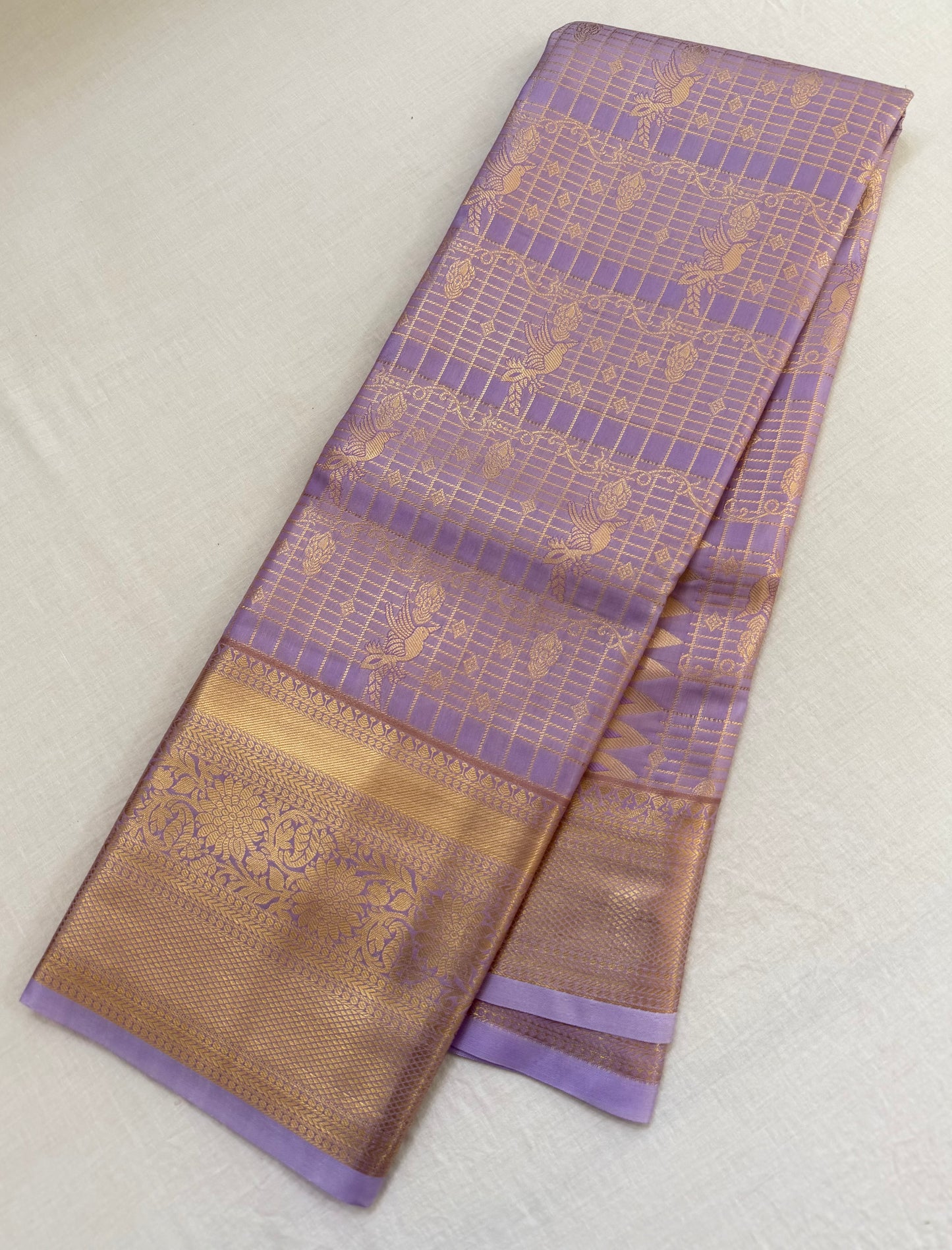 Vintage Purple Lavender Semi Kanchipattu Saree with Gold Zari Checks & Traditional Border