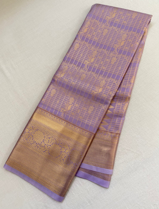 Vintage Purple Lavender Semi Kanchipattu Saree with Gold Zari Checks & Traditional Border