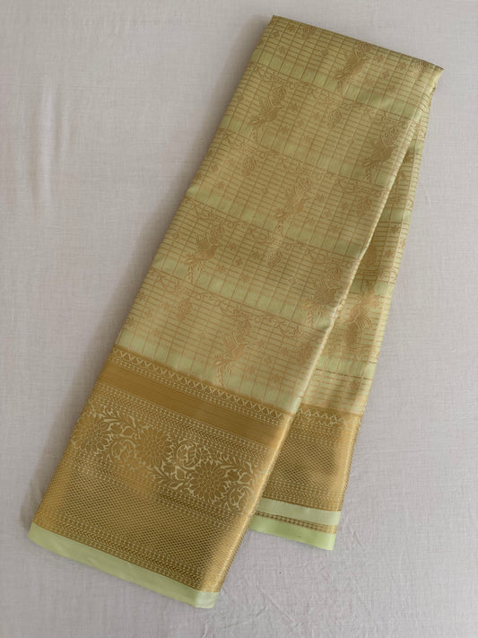 Vintage Pista Green Semi Kanchipattu Saree with Gold Zari Checks & Traditional Border