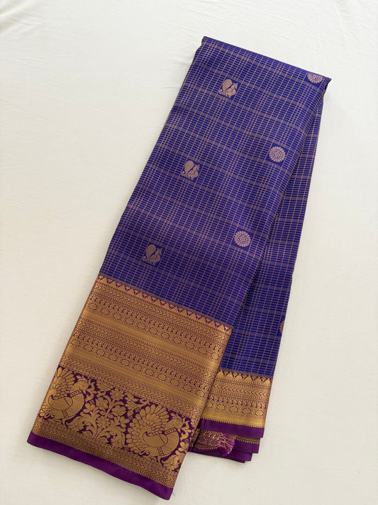Vintage Blue and pink Semi Kanchipattu Saree with Gold Zari Checks & Traditional Border
