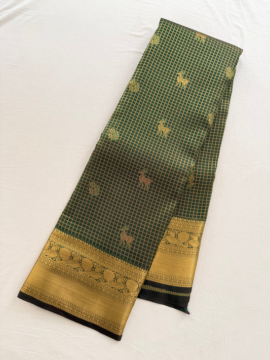 Vintage Green Semi Kanchipattu Saree with Gold Zari Checks & Traditional Border