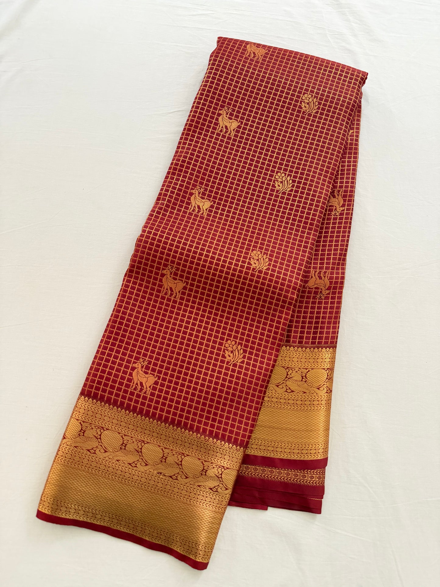 Vintage Maroon Red Semi Kanchipattu Saree with Gold Zari Checks & Traditional Border