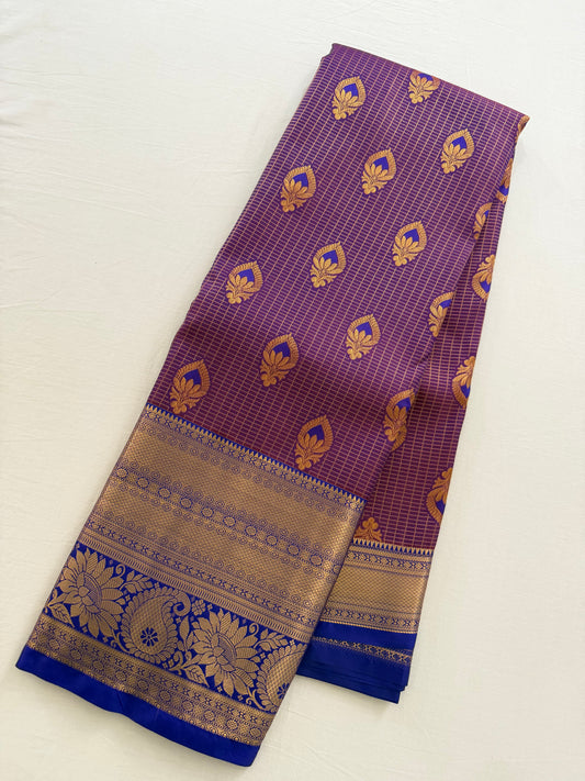 Vintage Purple Semi Kanchipattu Saree with Gold Zari Checks & Traditional Border