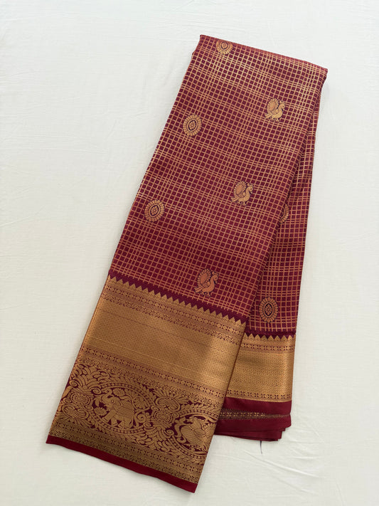 Vintage Red Semi Kanchipattu Saree with Gold Zari Checks & Traditional Border