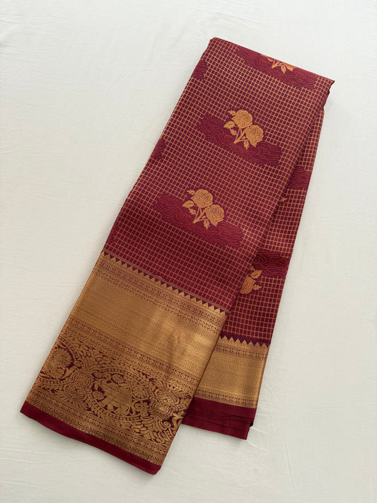 Vintage Red and gold Semi Kanchipattu Saree with Gold Zari Checks & Traditional Border