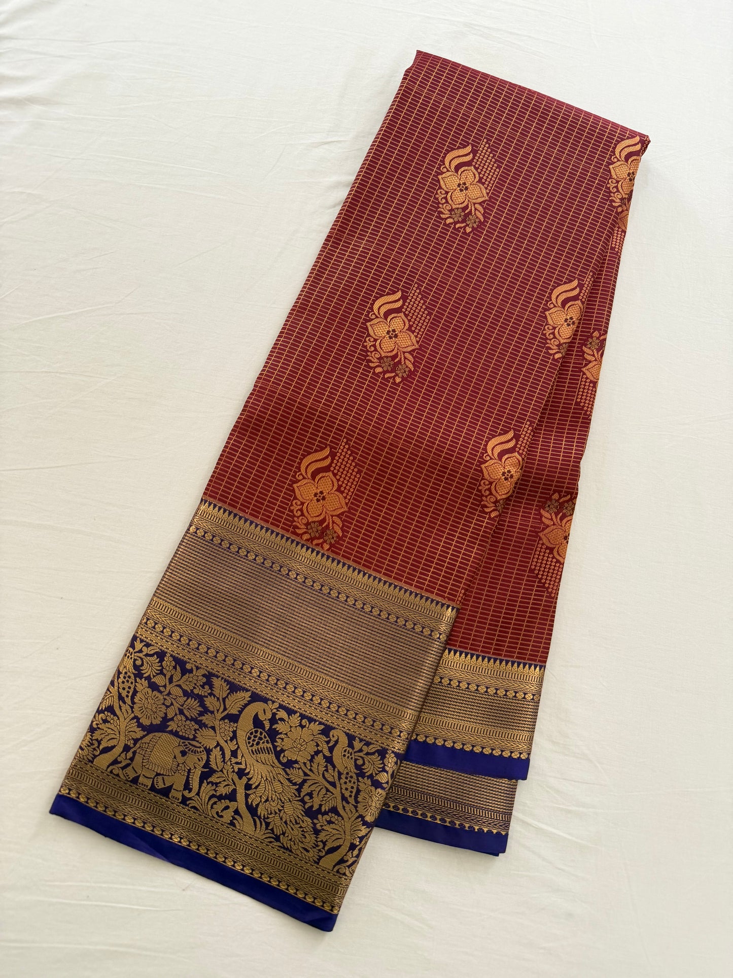 Vintage Brick Red  Semi Kanchipattu Saree with Gold Zari Checks & Traditional Border