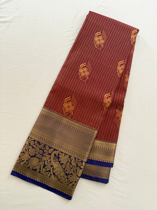 Vintage Brick Red  Semi Kanchipattu Saree with Gold Zari Checks & Traditional Border
