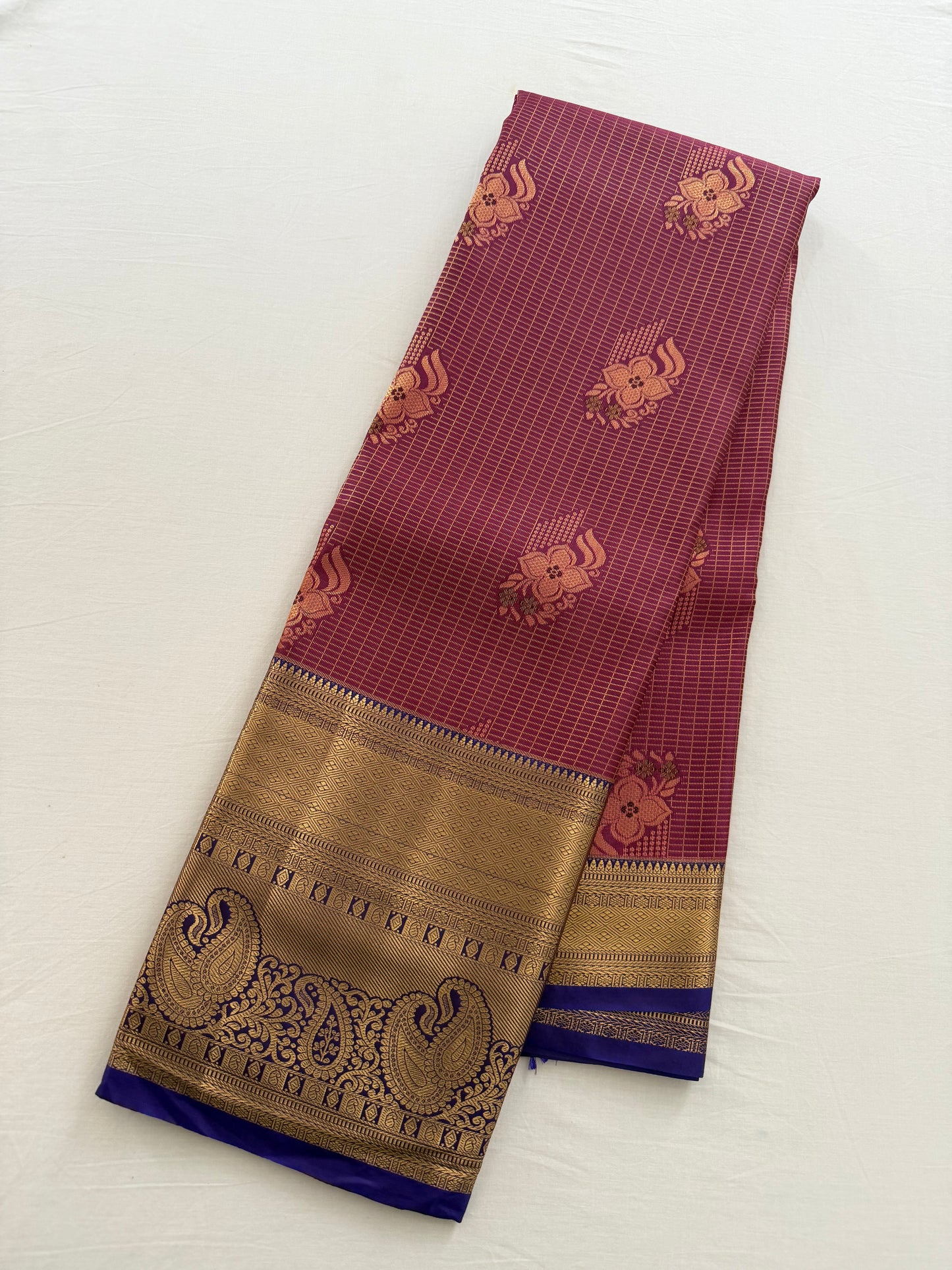 Vintage Maroon Gold Semi Kanchipattu Saree with Gold Zari Checks & Traditional Border