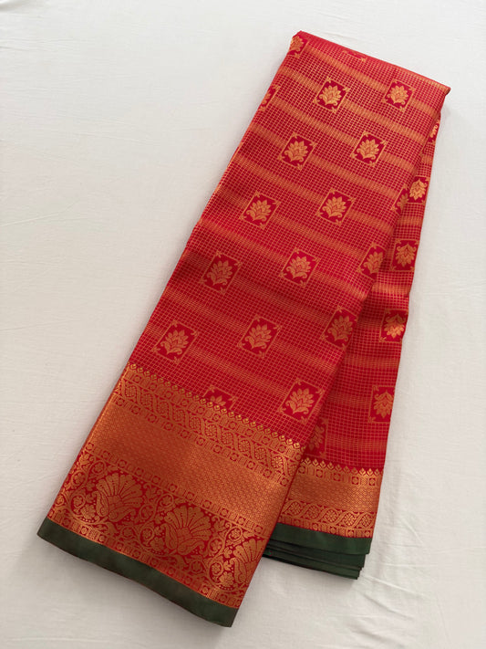Vintage Red and Green Semi Kanchipattu Saree with Gold Zari Checks & Traditional Border