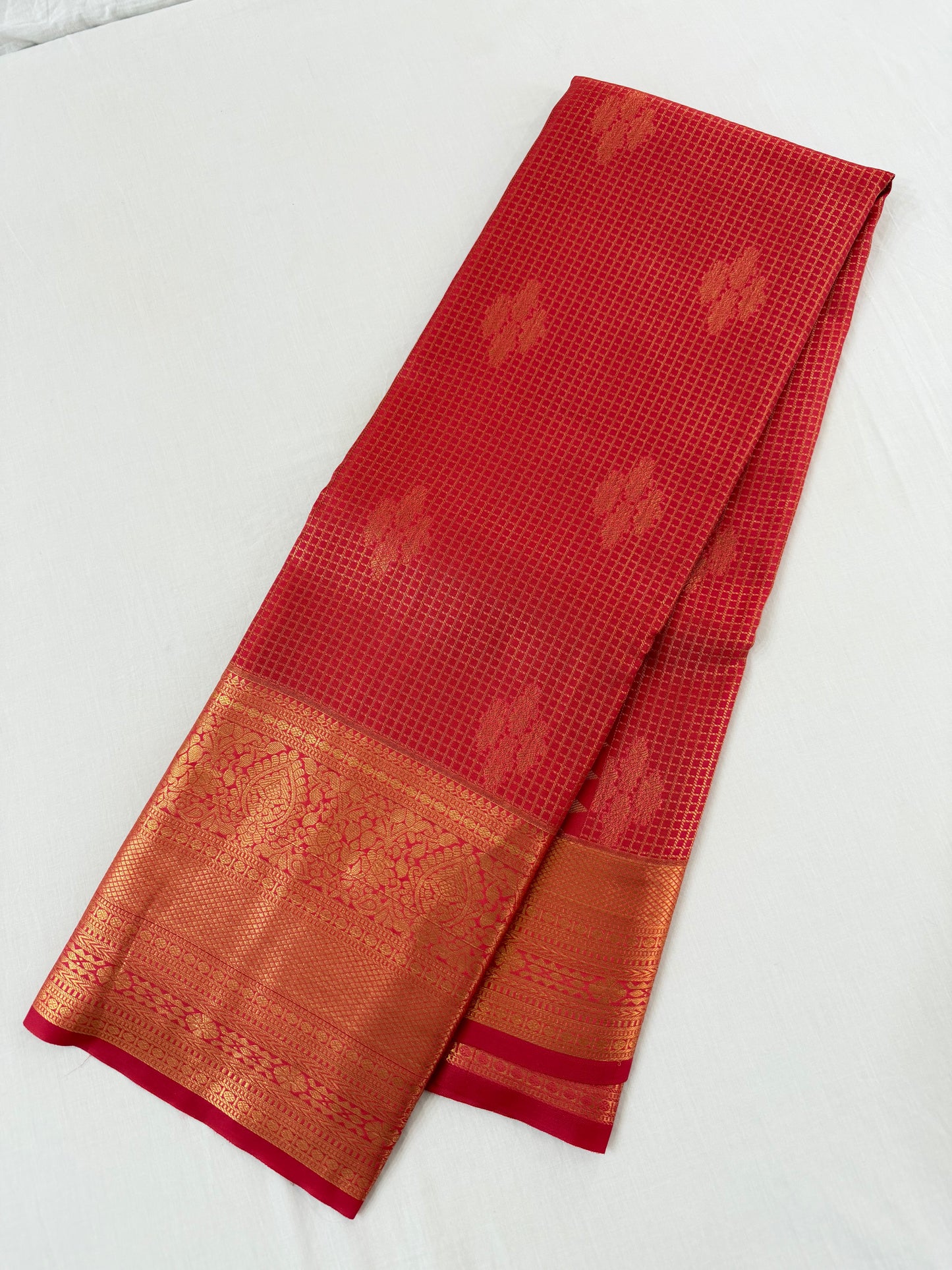 Vintage Bright Red Semi Kanchipattu Saree with Gold Zari Checks & Traditional Border