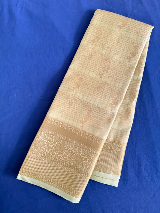 Vintage Beige Semi Kanchipattu Saree with Gold Zari Checks & Traditional Border