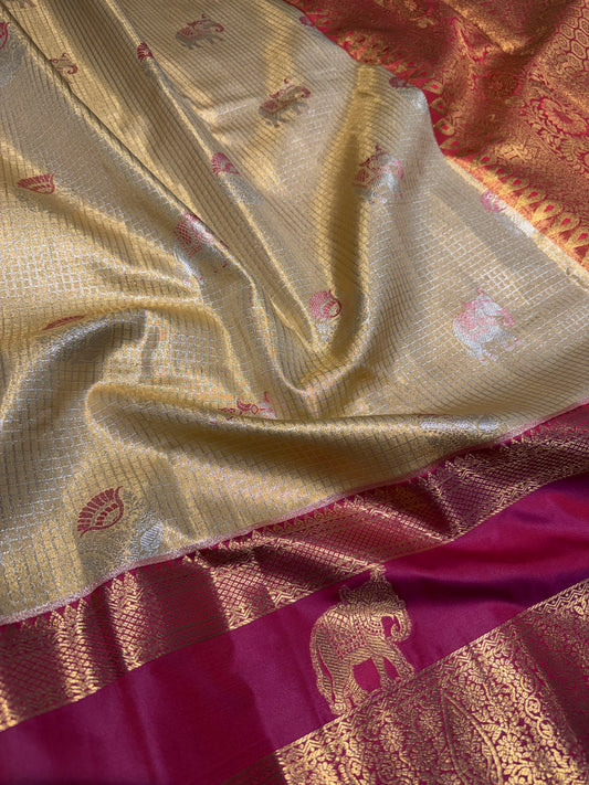 Opulent Ivory Gold & Magenta Semi Kanchipuram Silk Saree – Zari Check Grid & Elephant Gap Border Motifs