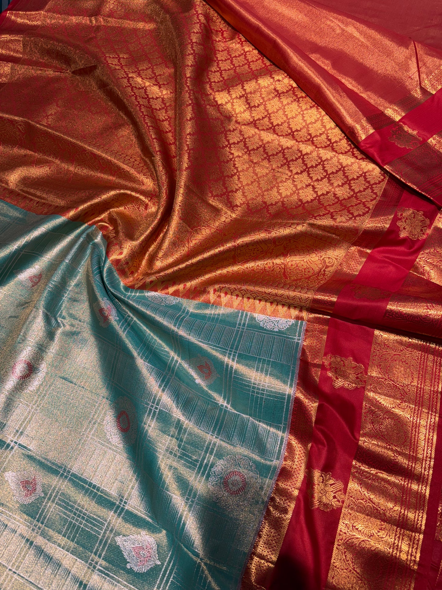 Enchanting Seafoam Blue & Crimson Red Semi Kanchipuram Silk Saree – Zari Check Grid & Gap Border Motifs