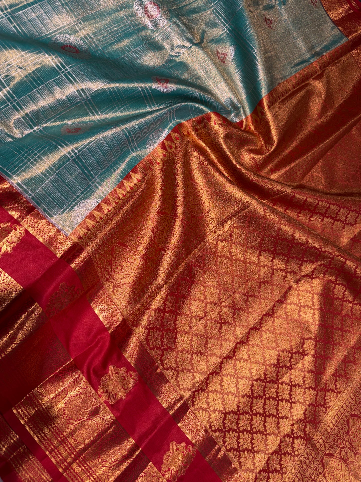 Enchanting Seafoam Blue & Crimson Red Semi Kanchipuram Silk Saree – Zari Check Grid & Gap Border Motifs