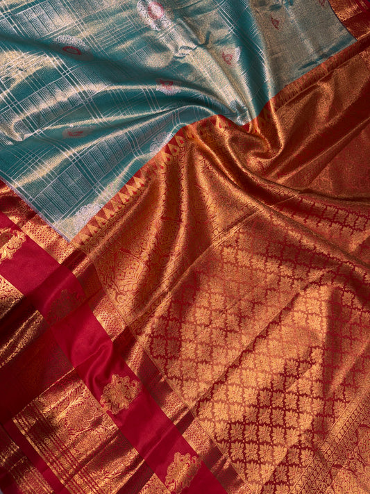 Enchanting Seafoam Blue & Crimson Red Semi Kanchipuram Silk Saree – Zari Check Grid & Gap Border Motifs