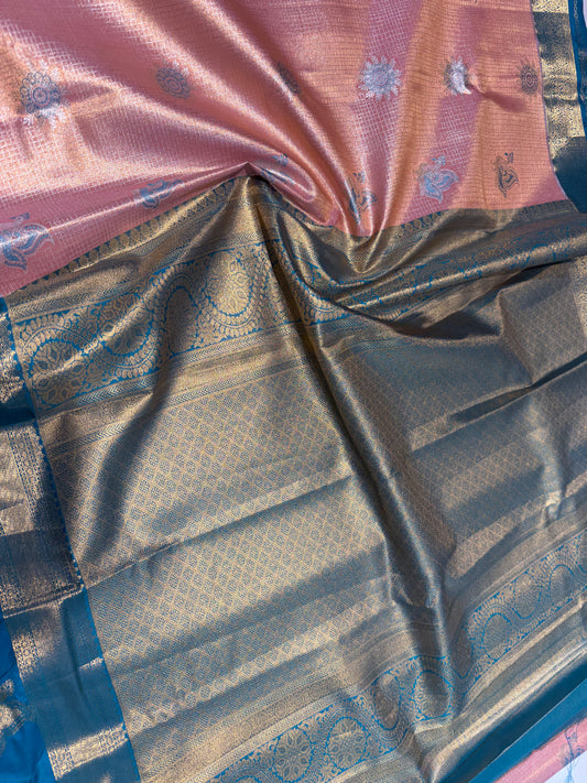 Pink Elegant Semi Kanchipuram Silk Saree – Checked Pattern with Gap Border Motifs