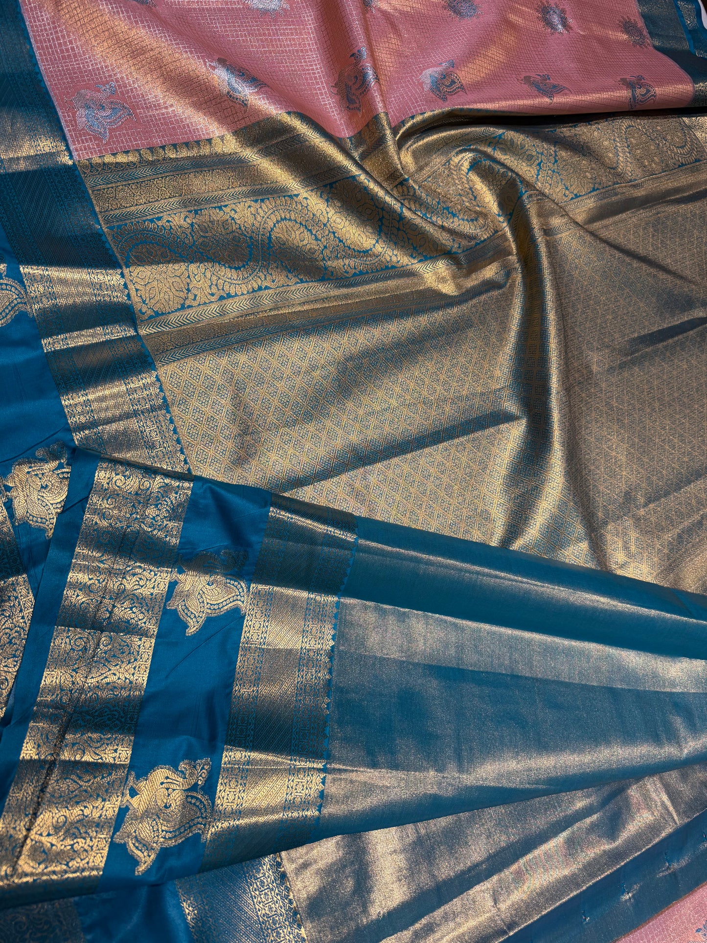 Pink Elegant Semi Kanchipuram Silk Saree – Checked Pattern with Gap Border Motifs