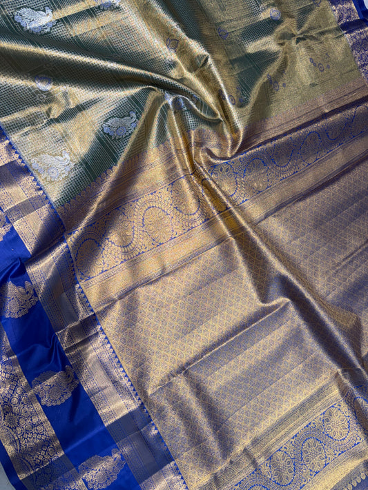 Majestic Olive Green & Royal Blue Semi Kanchipuram Silk Saree – Zari Check Grid & Gap Border Motifs