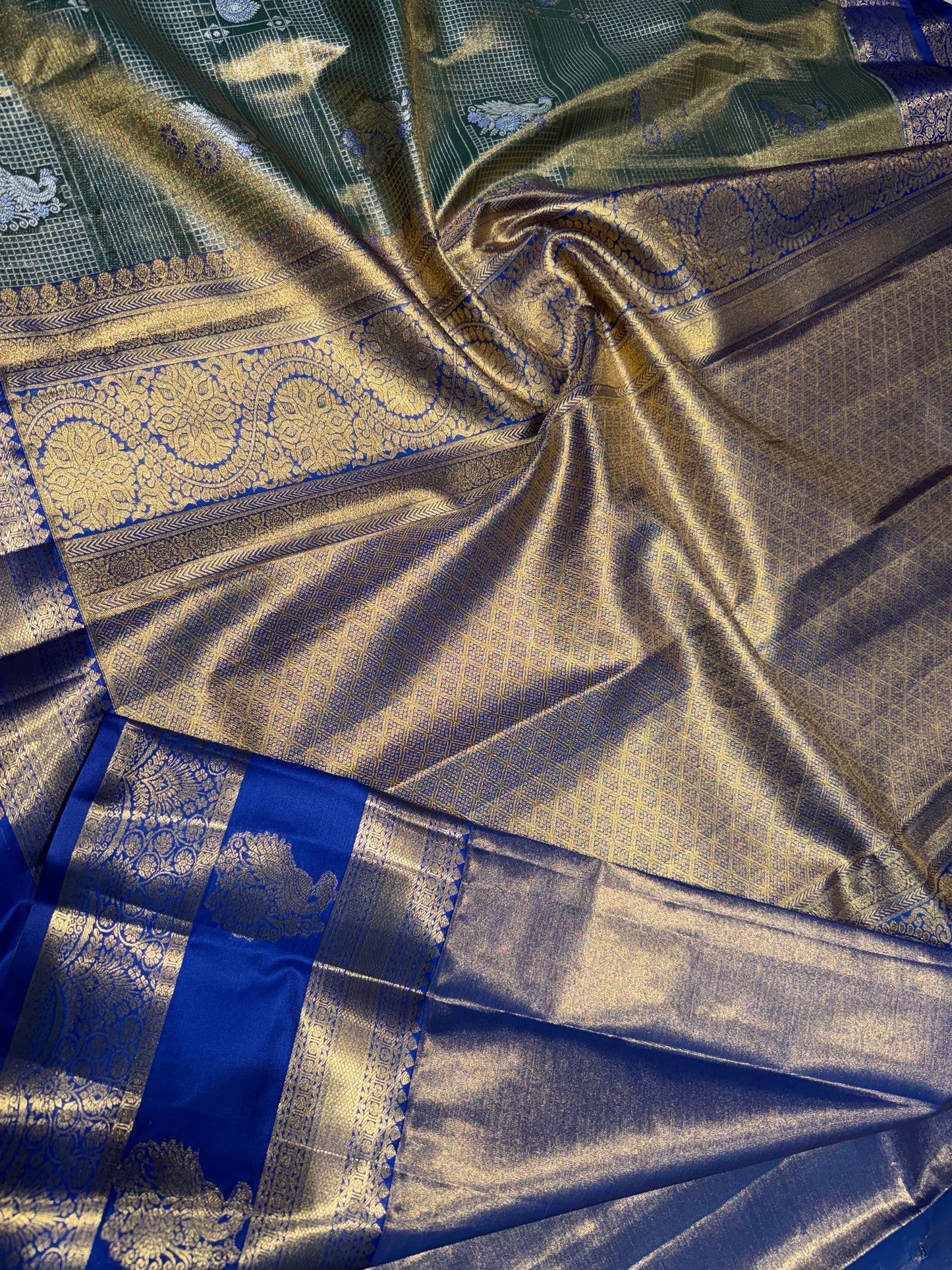 Majestic Olive Green & Royal Blue Semi Kanchipuram Silk Saree – Zari Check Grid & Gap Border Motifs